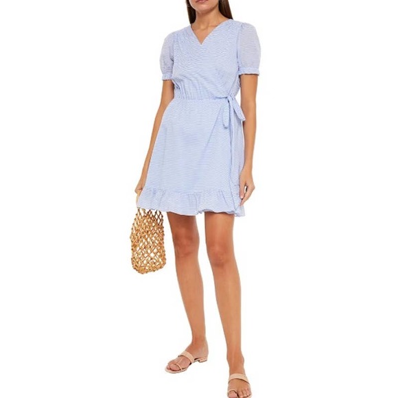 Loup Charmant Dress Blue White Parrot Striped Cotton-Voile Mini Wrap Size XS - Picture 1 of 7